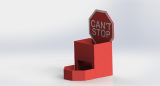 A computer rendering of the dice tower design.  The words "Can't Stop" are written in white on a red octagon resembling a stop sign.